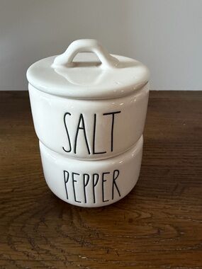 Rae Dunn Glossy White Ceramic Salt and Pepper Stacking Cellar Set.